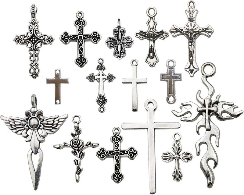 iloveDIYbeads 100 جرام (حوالي 42 قطعة) مستلزمات الحرف اليدوية تعويذات صليب يسوع المسيح الفضي العتيق لصنع الحرف، مستلزمات صنع المجوهرات ملحقات لصنع قلادة أو سوار (M266) - Image 1